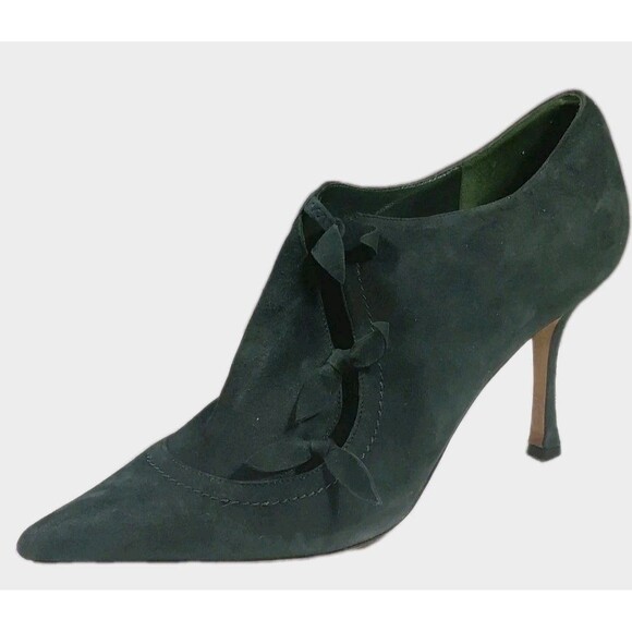 Manolo Blahnik Size 9.5 Bows Green Suede 4" Heel Pointed Toe Stilletto Heels - Picture 1 of 12